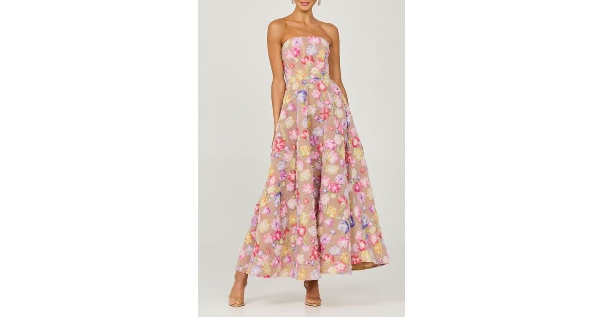 vivian beaded floral strapless maxi cocktail dress Light Blue Strapless Multi-Colored Floral Beaded Appliqué Long Dress | main image 0