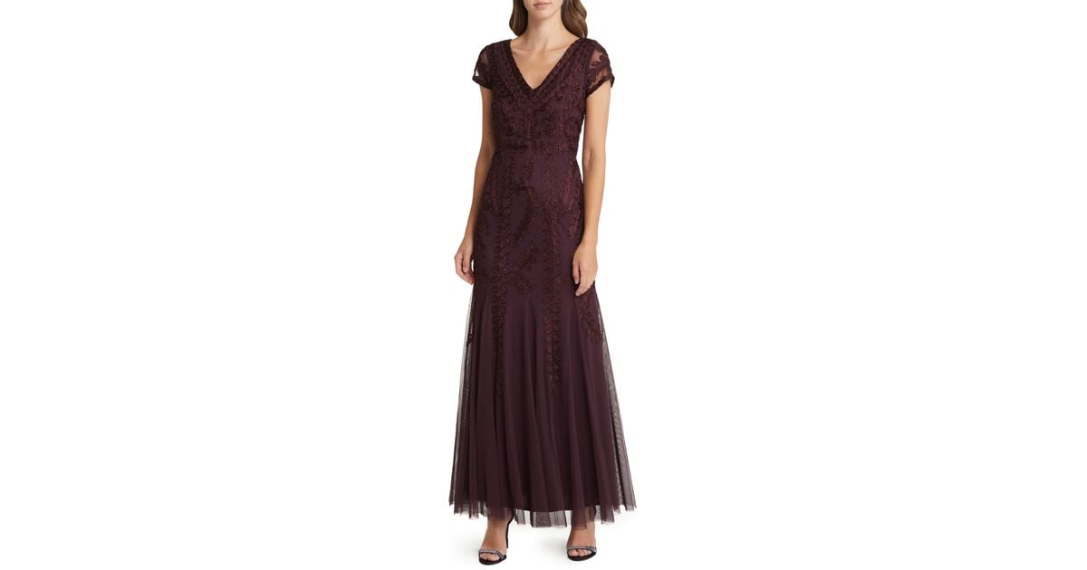 Marina Beaded Cap Sleeve Tulle Gown in Purple Lyst
