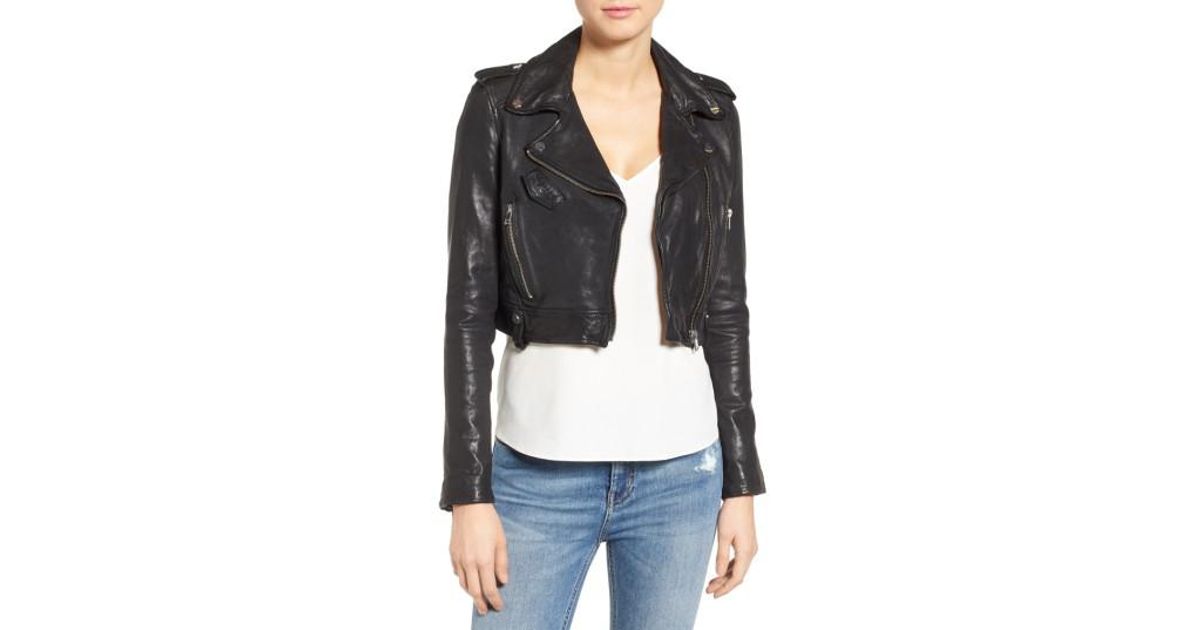 Lyst Lamarque Washed Leather Crop Moto Jacket In Black