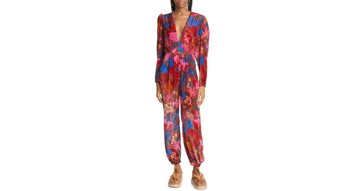 FARM Rio Floral Print Long Sleeve Plunge Neck Jumpsuit in Red | Lyst