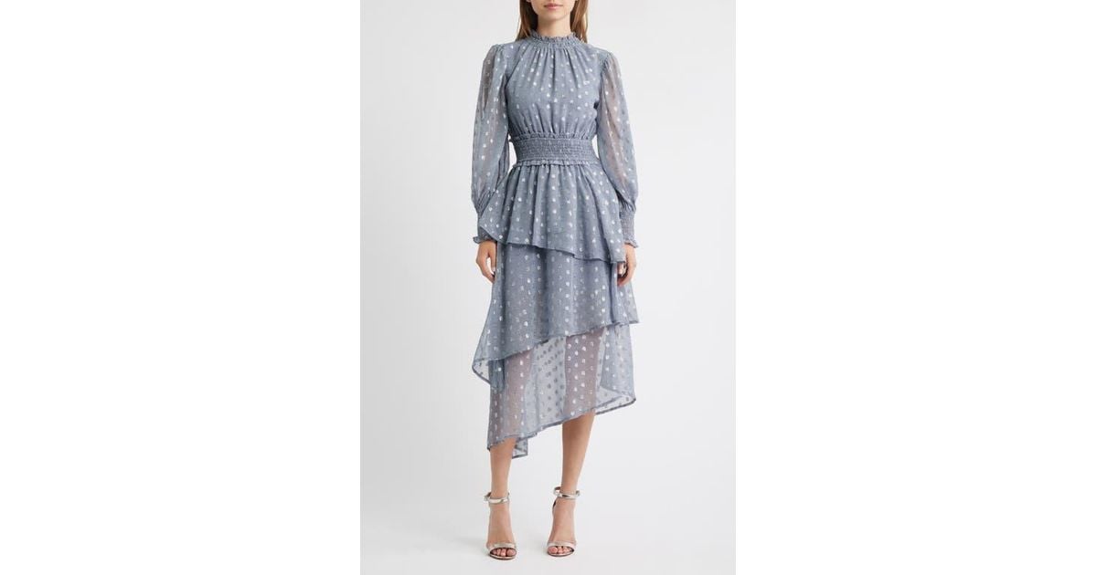 blue grey dress illusion Gothic Grey Blue Sequin Evening Gown with Sheer Long Sleeves