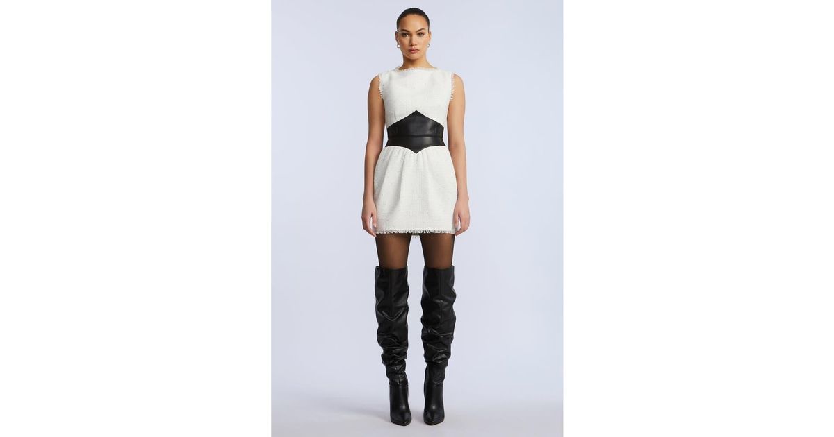 BCBGMAXAZRIA Leather Tweed Dress in White | Lyst