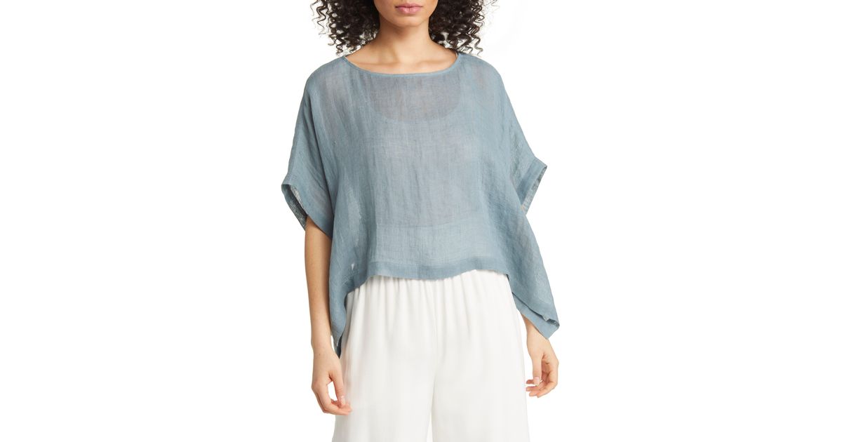 Eileen Fisher Bateau Neck Linen Crop Poncho in Blue | Lyst