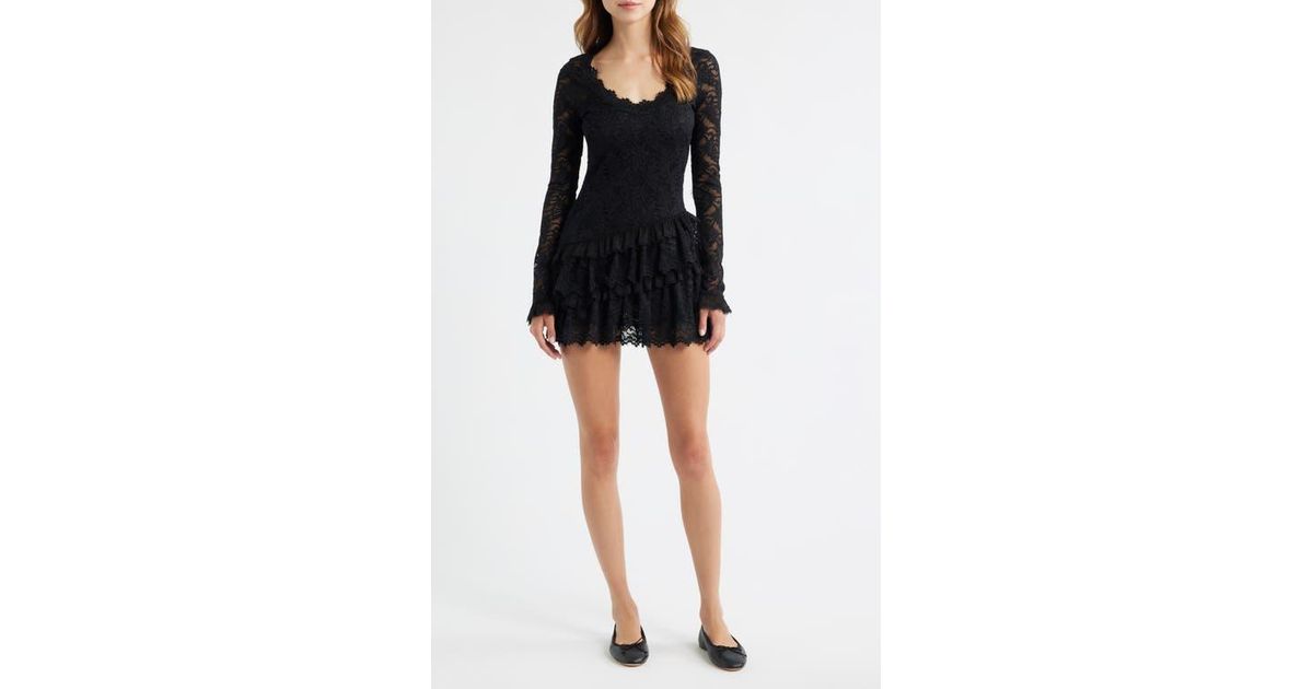 LoveShackFancy Rhea Lace Long Sleeve Minidress in Black | Lyst