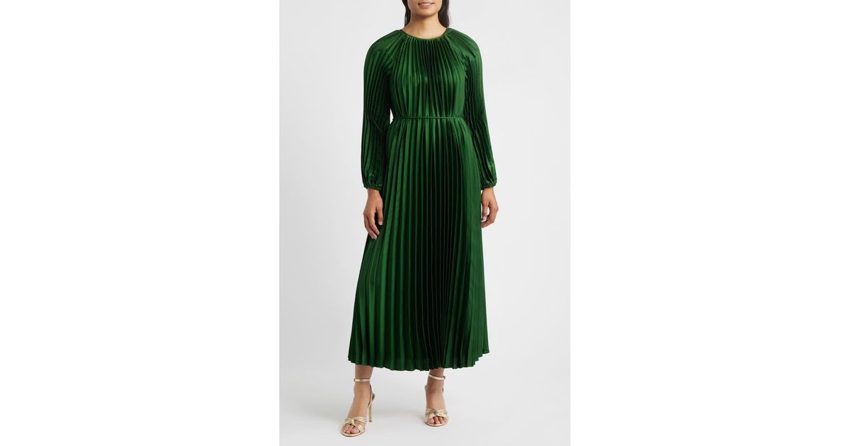 julia jordan green dress Pleated Long Sleeve Satin Midi in travelpants
