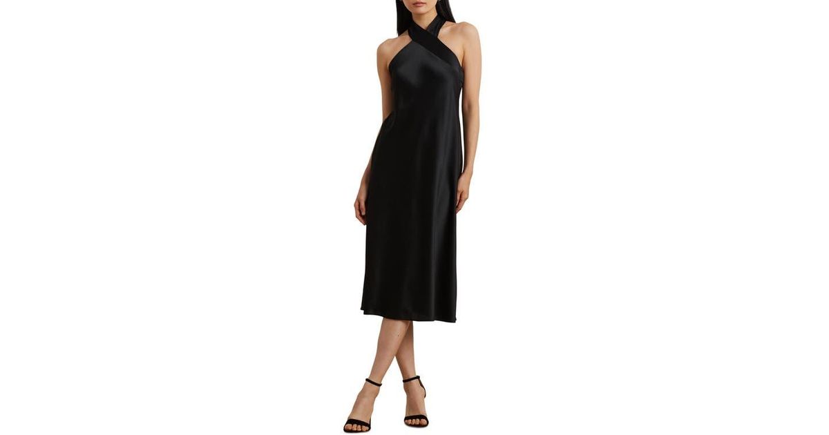 Ralph Lauren Satin Charmeuse Cocktail Halter Dress in Black | Lyst