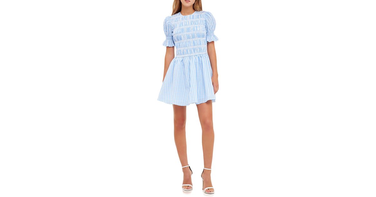 English Factory Smocked Gingham Print Cotton Minidress in Blue | Lyst