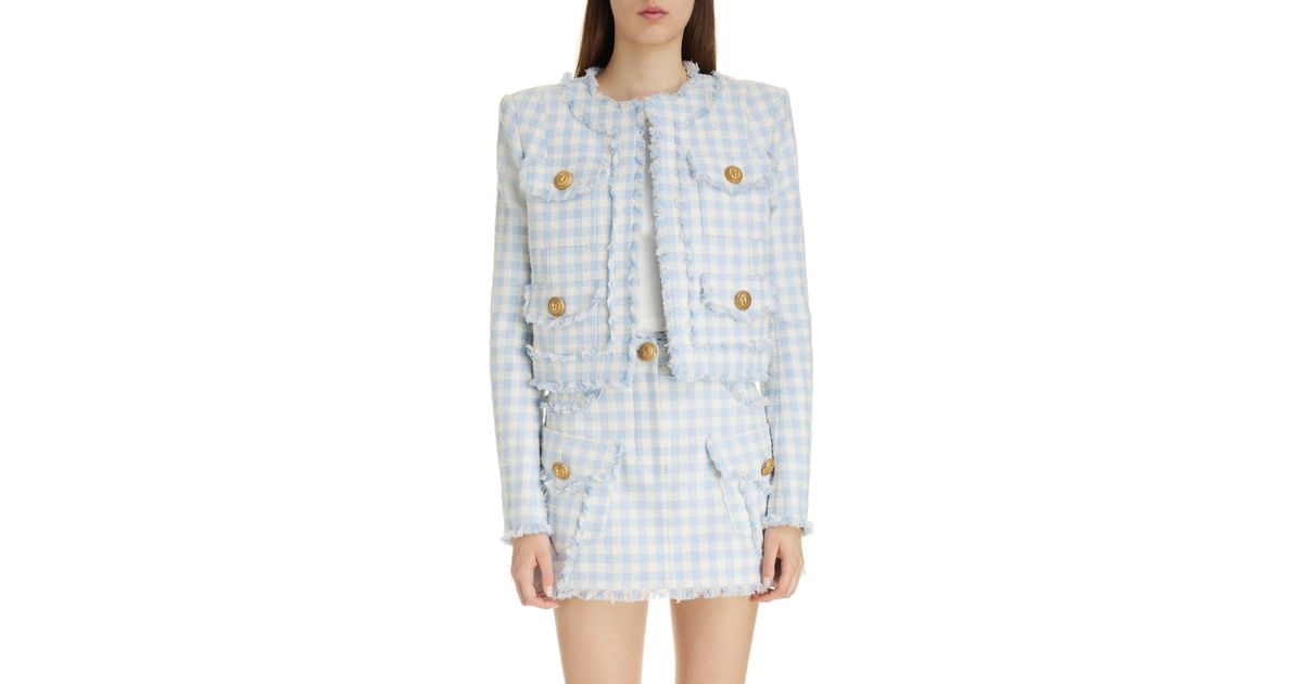 Balmain Gingham Tweed Collarless Crop Jacket in Blue | Lyst