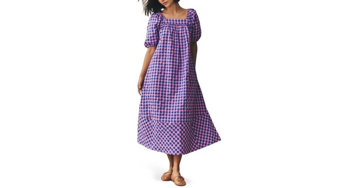 Next Gingham Puff Sleeve Seersucker Dress in Purple | Lyst