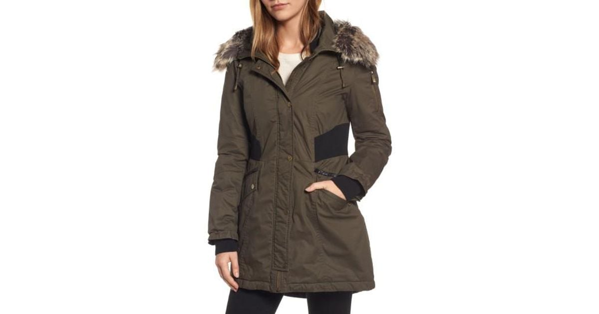 french connection parka with faux fur hood