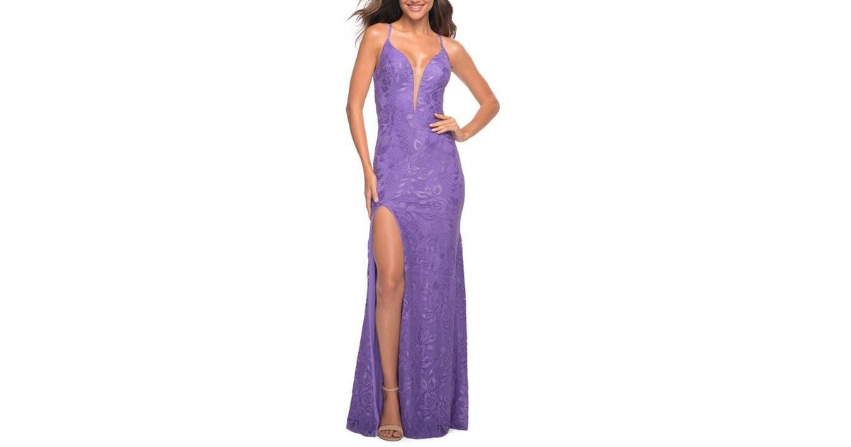 La Femme Bright Stretch Lace Prom Dress With Deep V Neckline in Purple |  Lyst