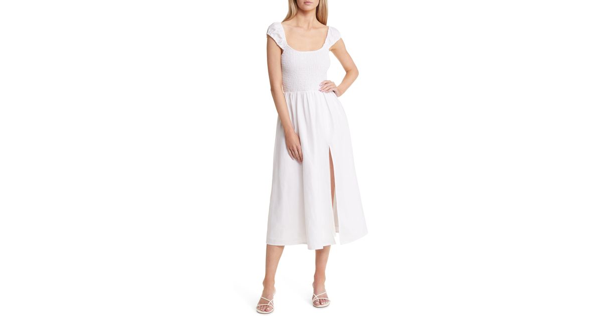 Reformation Tavi Smocked Linen Dress in White Lyst