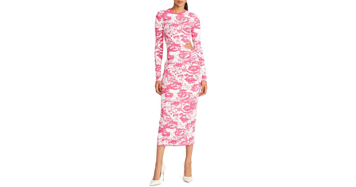 AMUR Cooper Cutout Long Sleeve Jacquard Midi Dress in Pink | Lyst