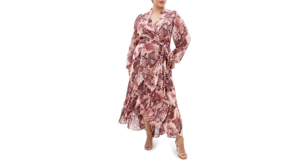 City Chic Instinct Snakeskin Print Long Sleeve Wrap Dress in Red | Lyst