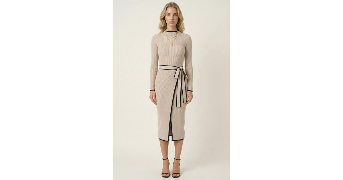 ribbed tie waist midi dress Ribbed Knit Contrast Trim Tie Waist Midi Dress in Neutral
