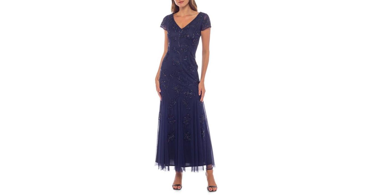 Marina V Neck Beaded Gown in Blue Lyst