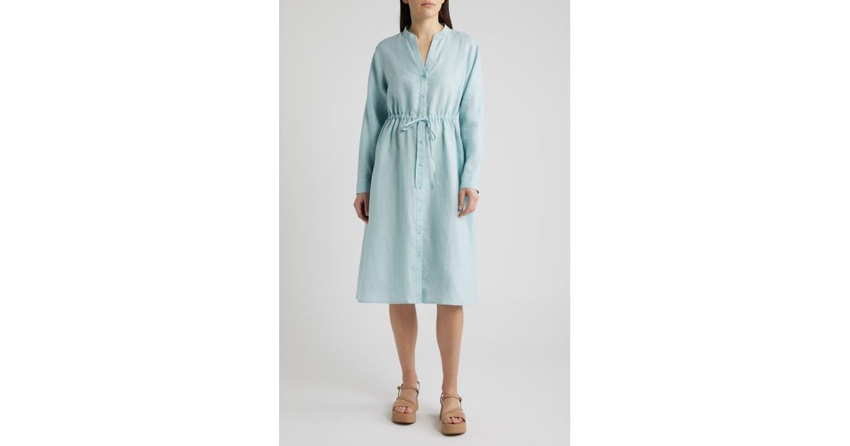 Eileen Fisher Mandarin Collar Long Sleeve Organic Linen Midi Shirtdress in  Blue | Lyst