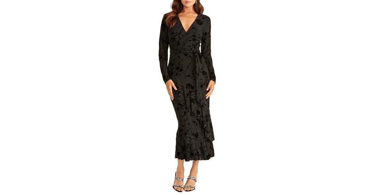 Rachel Roy Flocked Velvet Long Sleeve Faux Wrap Dress in Black | Lyst