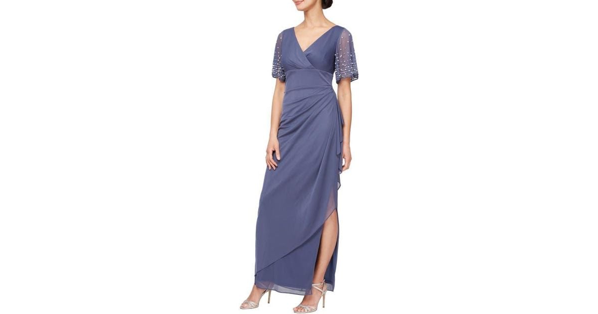 long empire waist evening dress with short flutter sleeves Empire Waist Metallic Knit Dress with Surplice Neckline, Flutter Sleeves, Embellishment Detail at Hip and Cascade Skirt main image 1