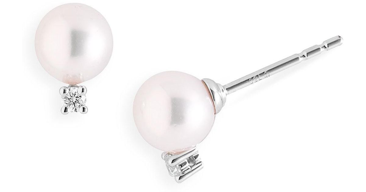 Lyst Mikimoto Akoya Pearl Diamond Stud Earrings In White
