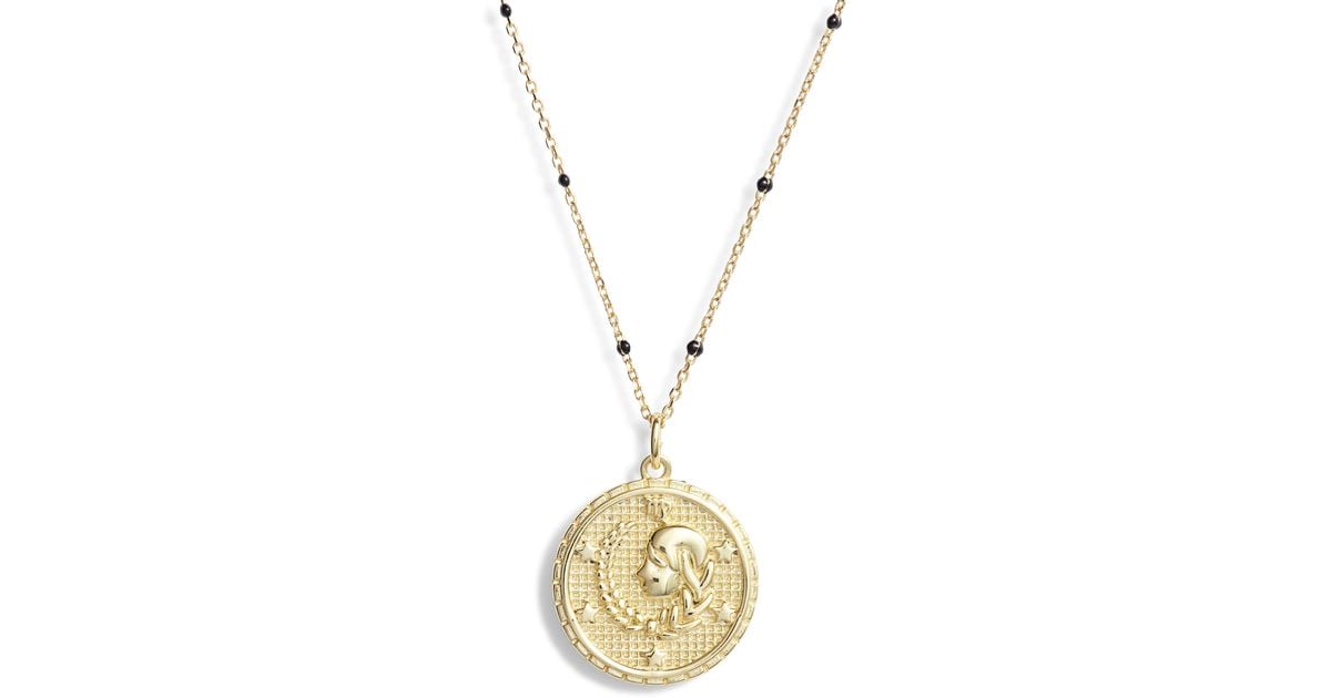 14K Yellow Gold Reversible Round Aquarius Zodiac Sign Pendant with Figaro Chain Necklace