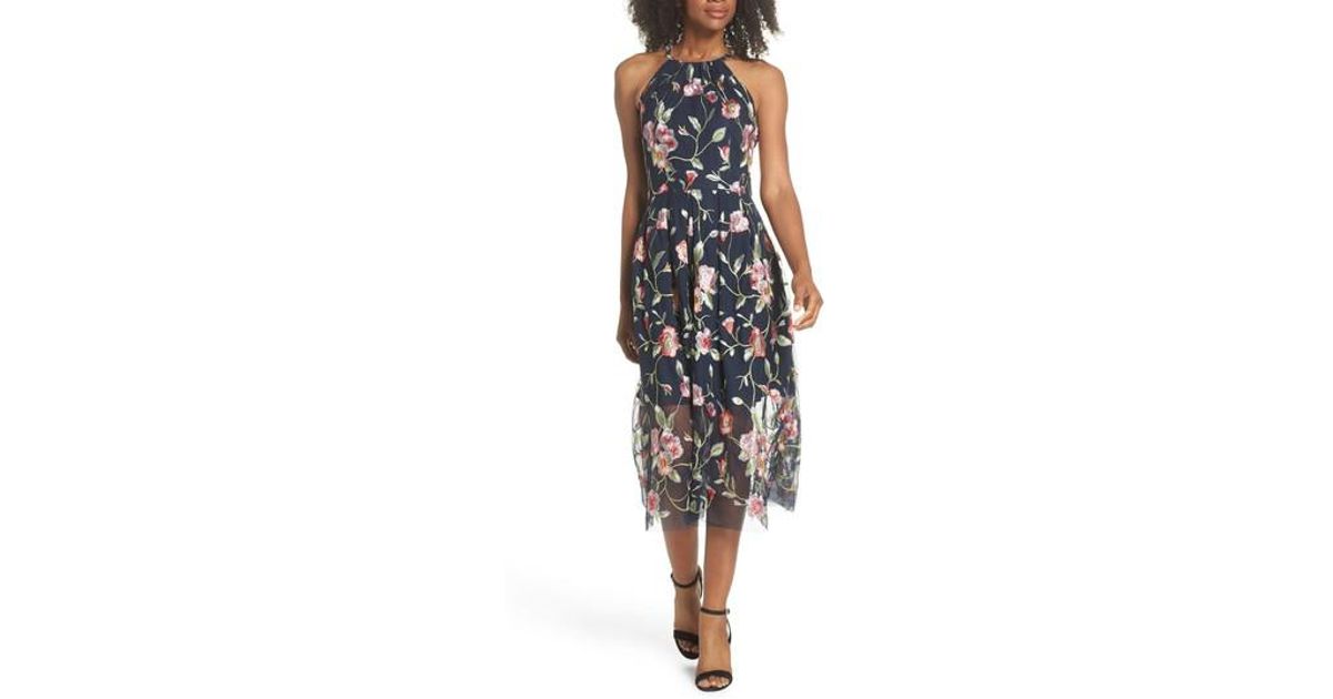 vince camuto floral embroidered mesh midi dress
