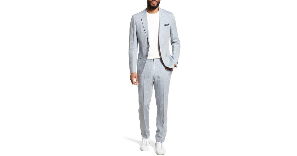 Trim Fit Solid Linen Suit in Light Blue 