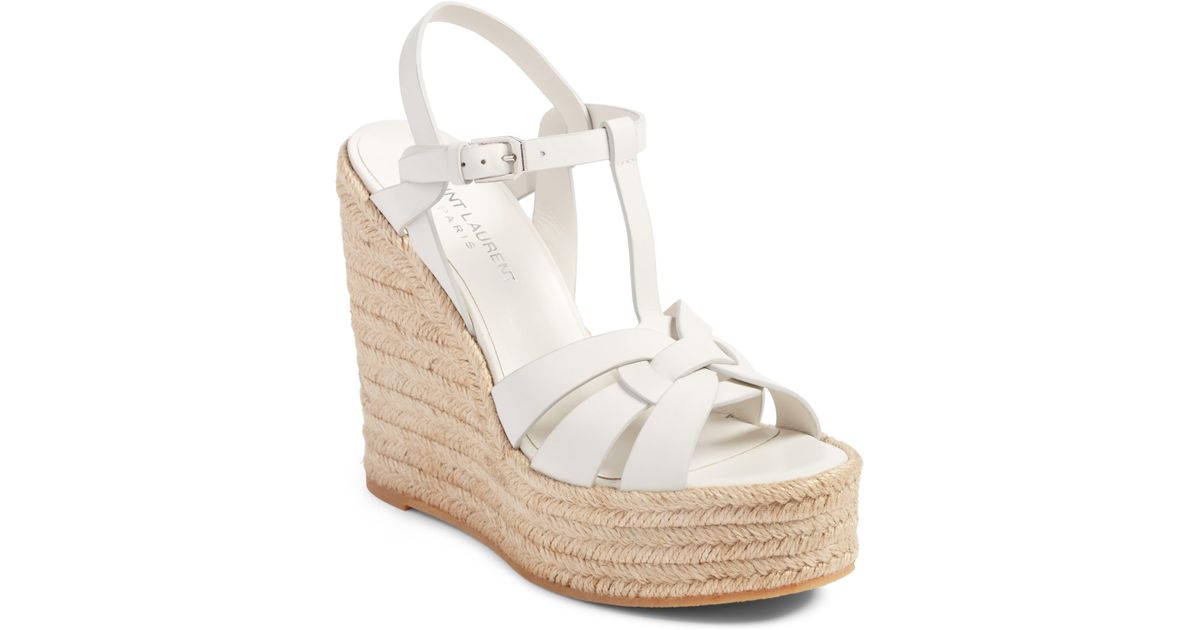 Saint Laurent Leather Tribute Espadrille Wedge in White Leather (White
