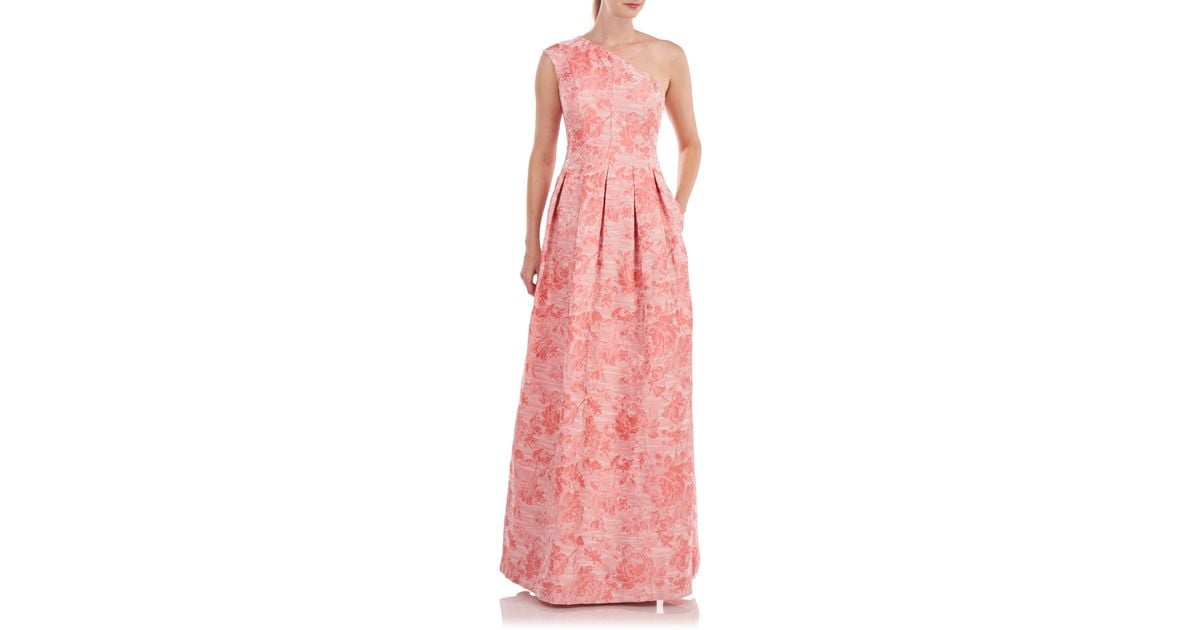 Kay Unger Cara Pleated One-shoulder Jacquard Gown in Pink | Lyst