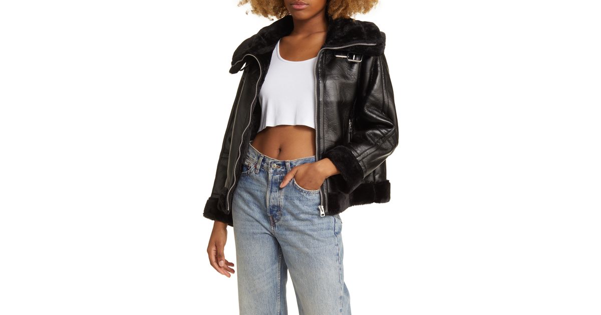 Faux Leather Aviator Jacket With Faux Fur Trim in Black Lyst