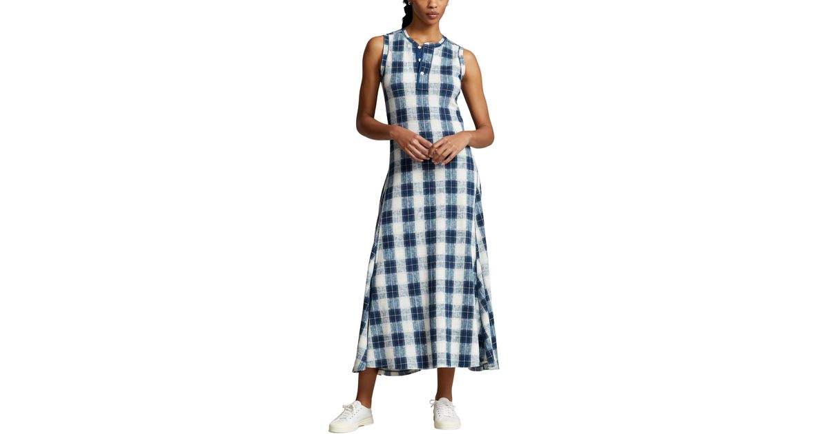 Polo Ralph Lauren Plaid Sleeveless Pleated Cotton Knit Dress in Blue | Lyst