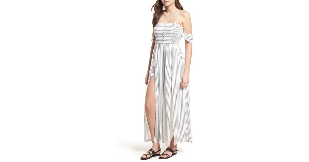 off the shoulder maxi romper