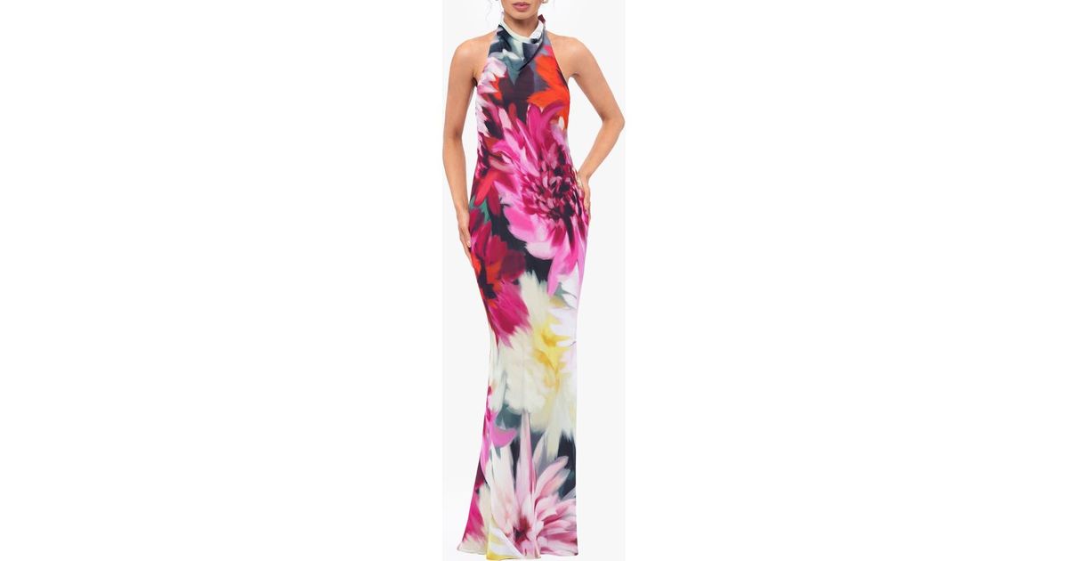 Betsy & Adam Women's Floral Print Ruffled Halter Gown Green Size 8