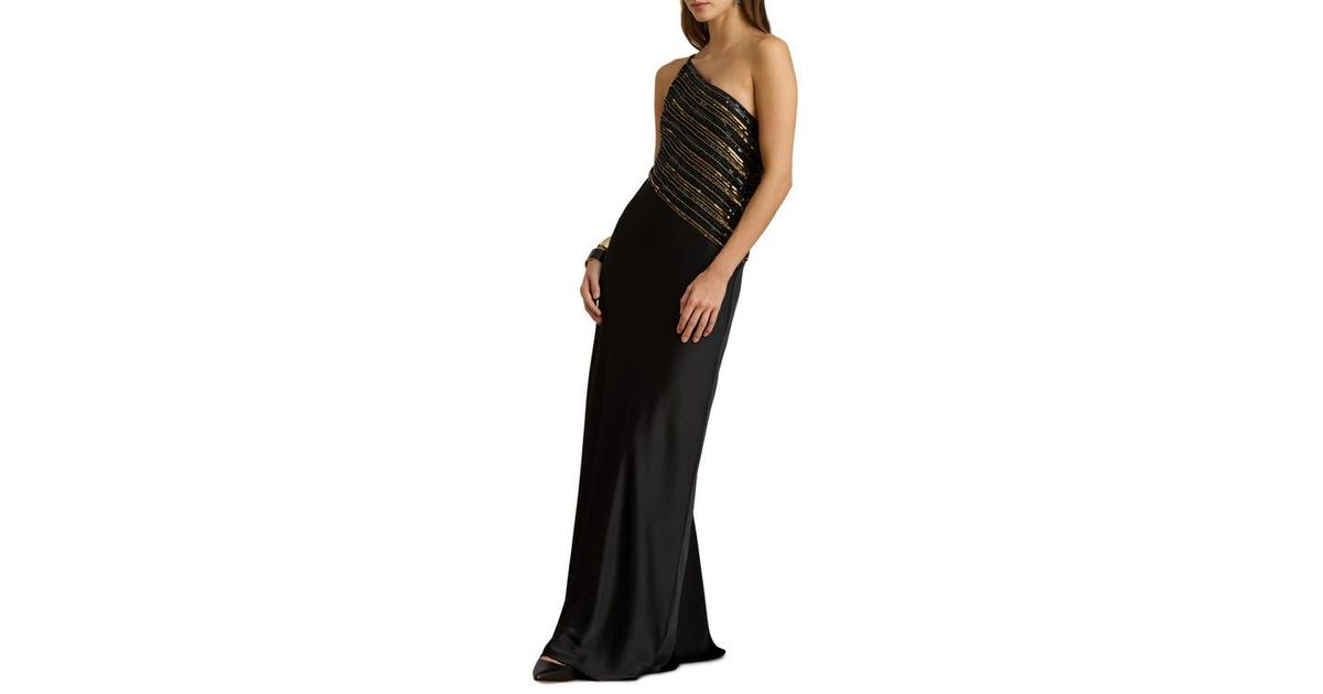 ralph lauren black gold dress Beaded Mesh One-Shoulder Gown in img_neutrals