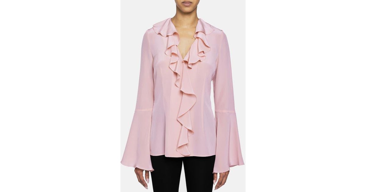 Pink Ruffle Neck Blouse Santorelli Sydney Long Sleeve Ruffle Neck Blouse in Pink | Lyst
