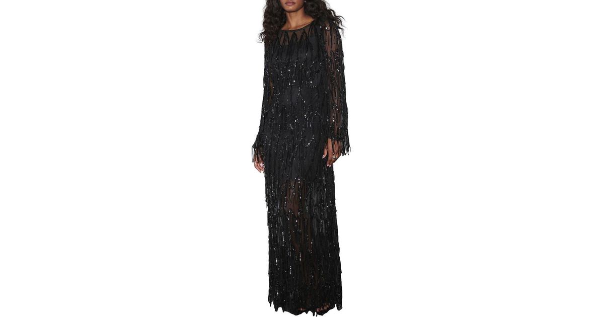 Next Sequin Tassel Long Sleeve Dress in Black | Lyst