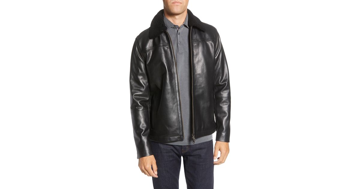 Ted Baker Reegis Genuine Shearling Trim Leather Jacket In Black Ted Baker Reegis Genuine Shearling Trim