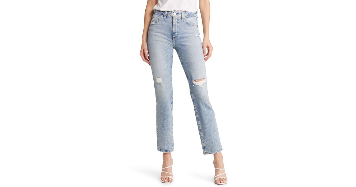 AG Jeans Saige Distressed Ankle Straight Leg Jeans in Blue | Lyst
