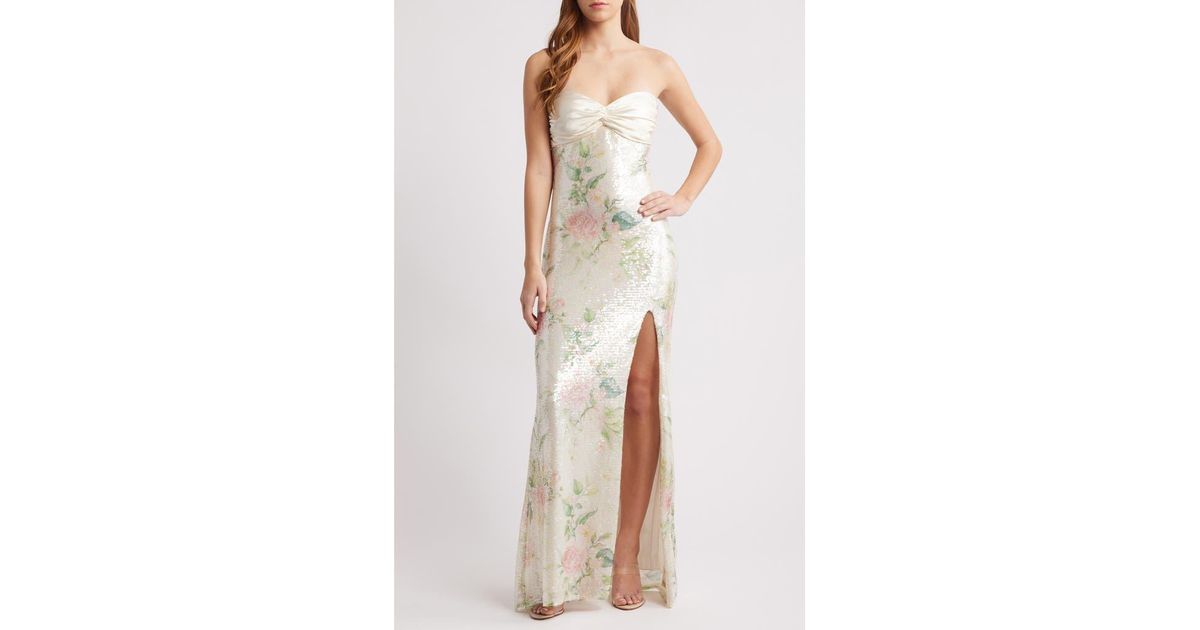 city studios strapless sequin dress City Studios Women's Strapless Floral Applique Sequin Maxi Dress - Blue Multi