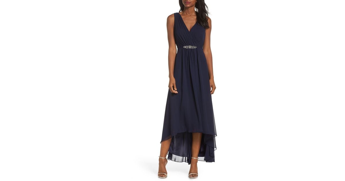 Eliza J Embellished High/low Chiffon Dress in Navy (Blue) - Lyst