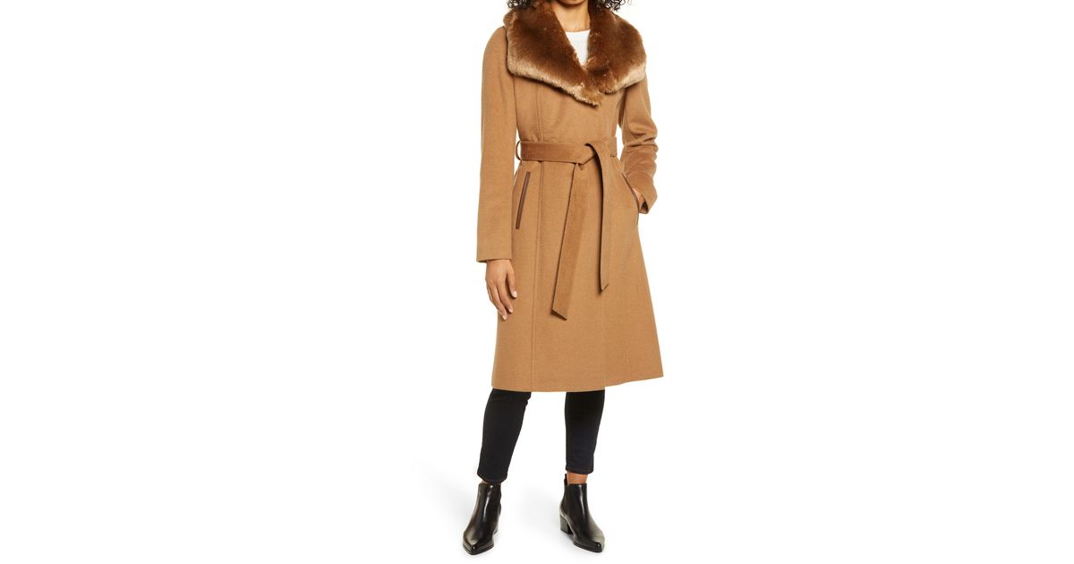 Via Spiga Faux Fur Trim Belted Wool Blend Coat in Dark ...