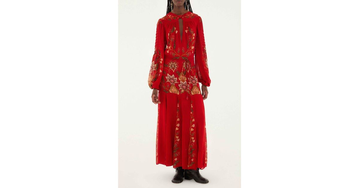 knee length dresses for ladies Farm Rio Red Garden Delight Long Sleeve Midi Dress, Garden Delight Red / Xs