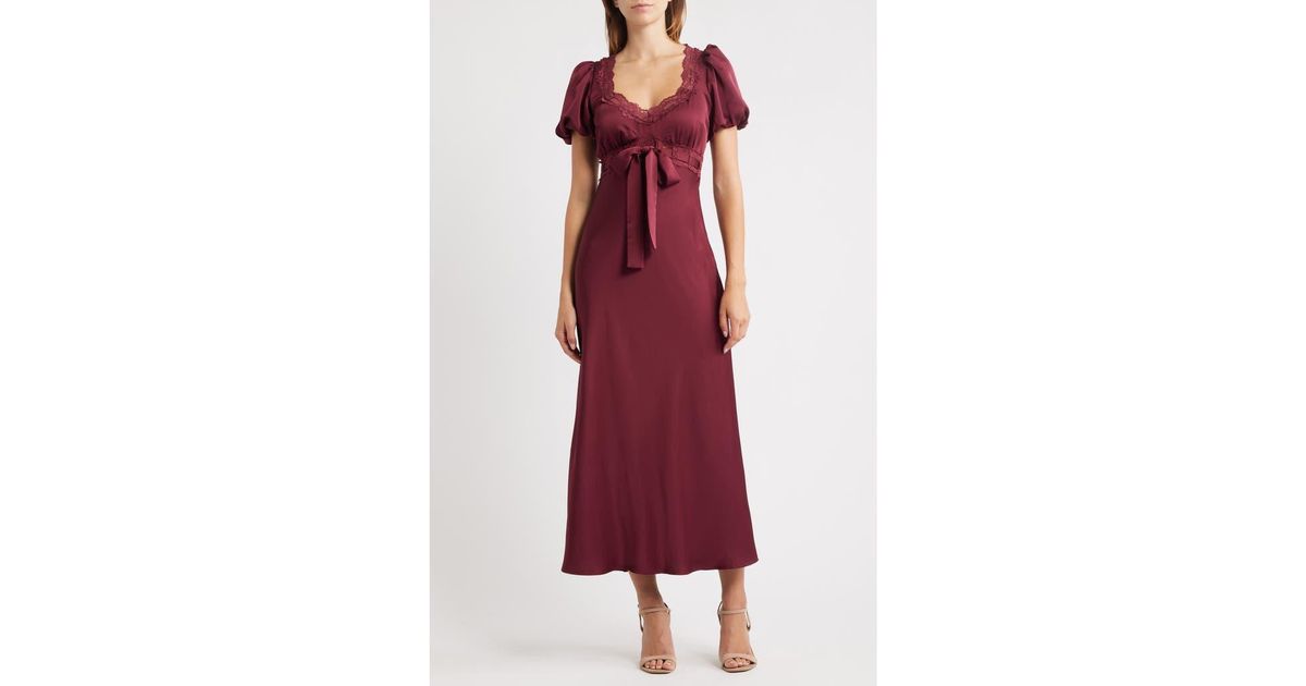 Moon River Puff Sleeve Lace Trim Maxi Dress in Red | Lyst