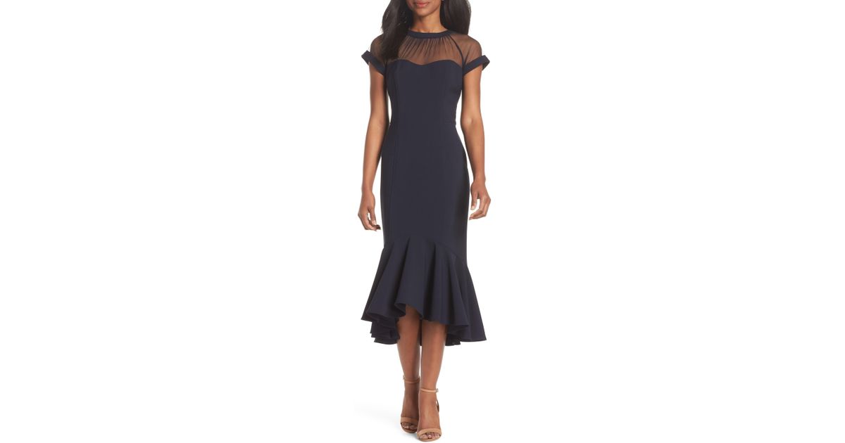 maggy london illusion neck crepe midi dress