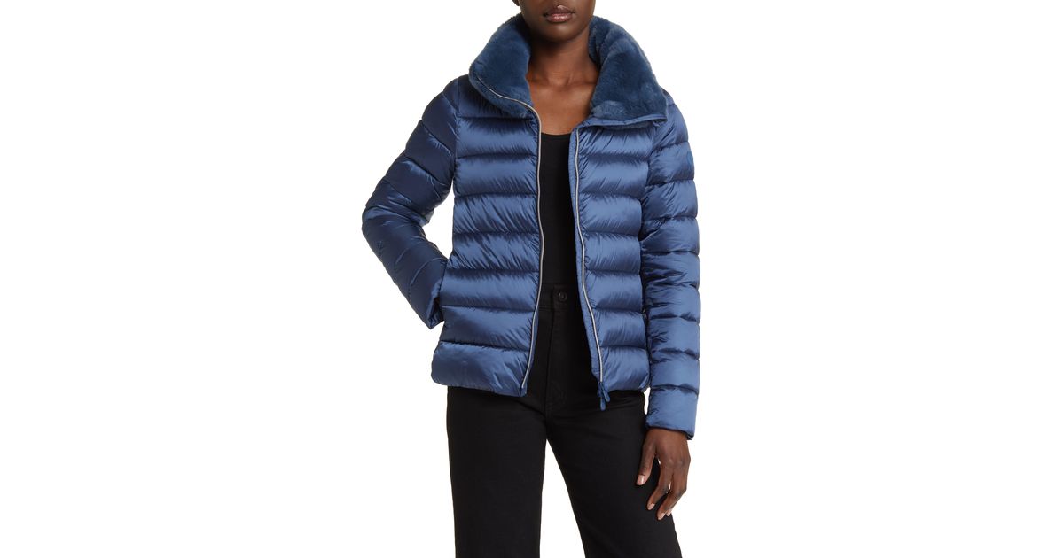 Save The Duck Mei Faux Fur Collar Puffer Jacket in Blue Lyst