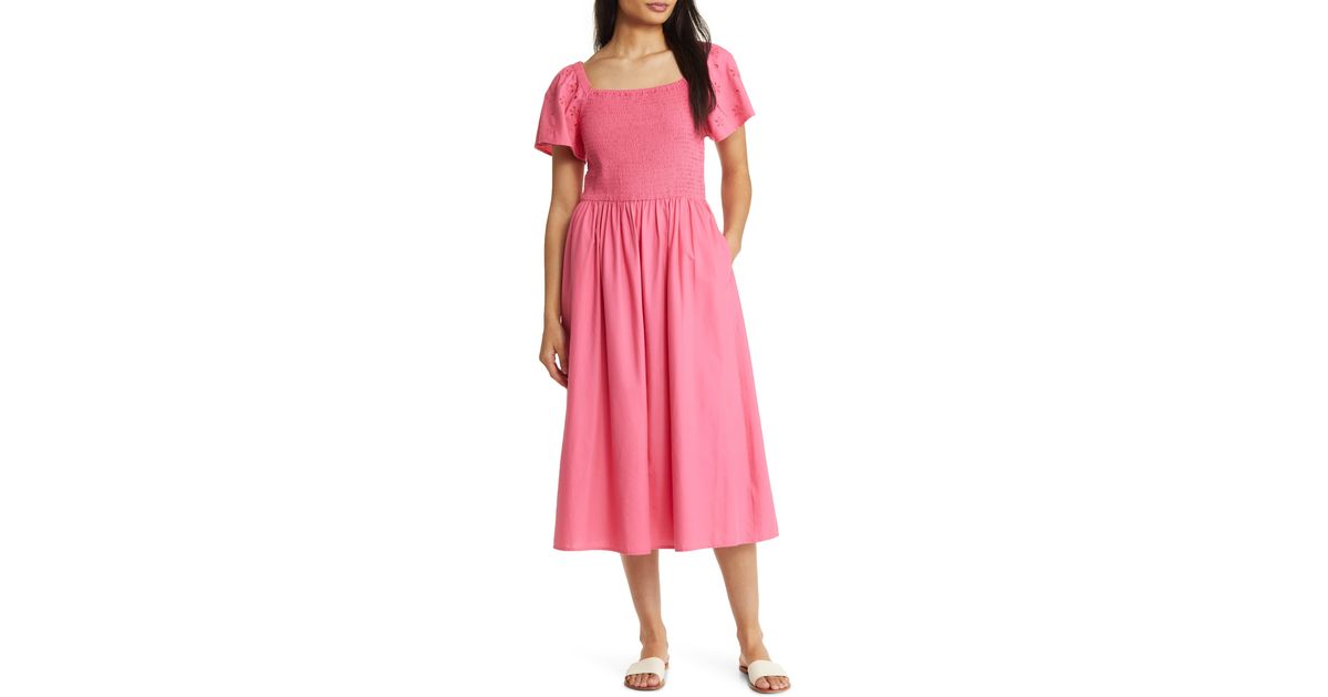 Beach Lunch Lounge Smocked Cotton Eyelet Midi Dress in Pink | Lyst