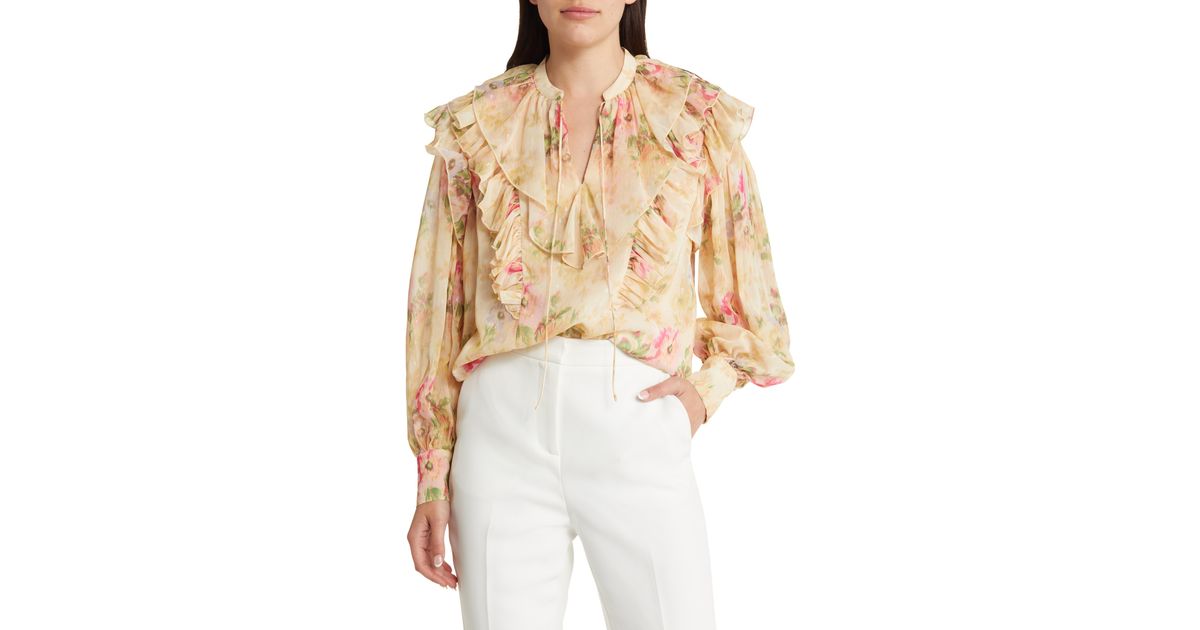 Ted Baker Helenoh Floral Ruffle Blouse in Natural | Lyst