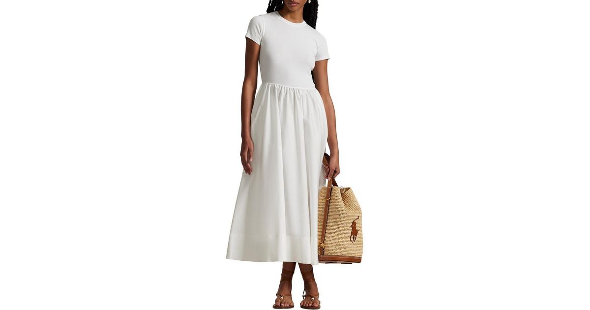 Polo Ralph Lauren Short Sleeve Cotton Midi Dress in Natural | Lyst
