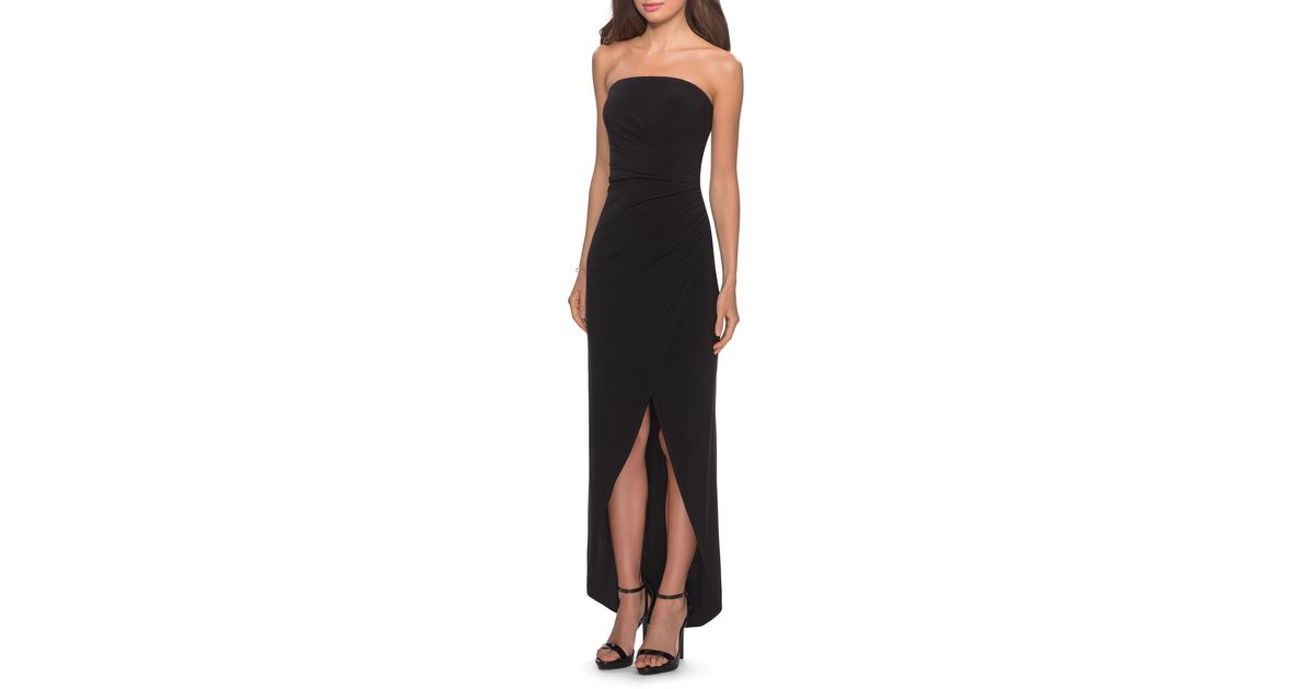la femme strapless ruched soft jersey gown