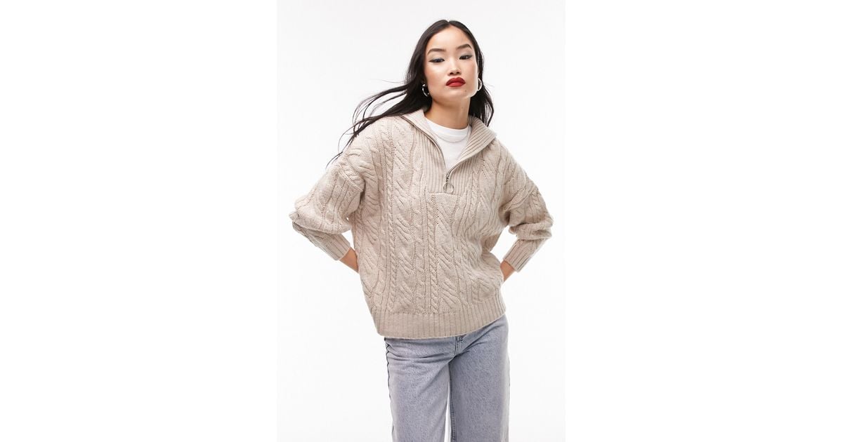 TOPSHOP Oversize Cable Knit Half Zip Sweater in Natural | Lyst